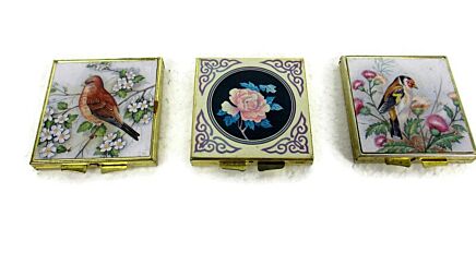 set of 3 Pill Boxes Hinged Birds Flower Vintage