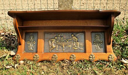 Vintage  Wooden Coat Hat Rack Copper Breughel Scenes Lovely