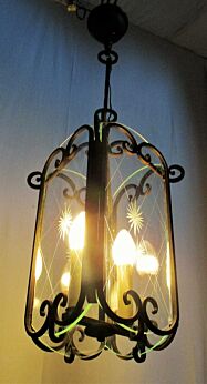 Vintage Wrought Iron Lantern Ornate Brass Etched Glass Chandelier Pendant