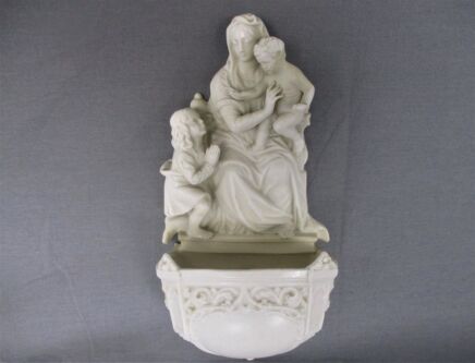 Antique French Holy Water Font Bisque Porcelain Virgin Mary Infant Jesus Angel in Adoration Stunning Collector HTF 8.66" Marked