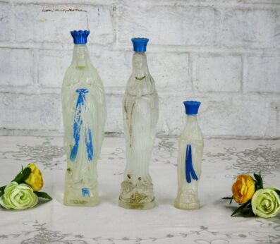 Vintage set of 3 Lourdes Virgin Mary Plastic Bottles Holy water France French