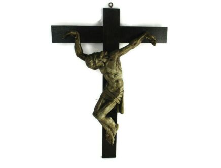 XL Wood Hanging Crucifix Plaster corpus Signed Van Der Meeren Very Dramatic