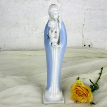 Porcelain Statue Virgin Mary Madonna Our Lady Infant Child Blue Glazed 9.44"