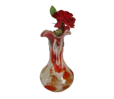 Art Deco Art Glass French Ruffle Vase Two Toned Red White Flower Motif