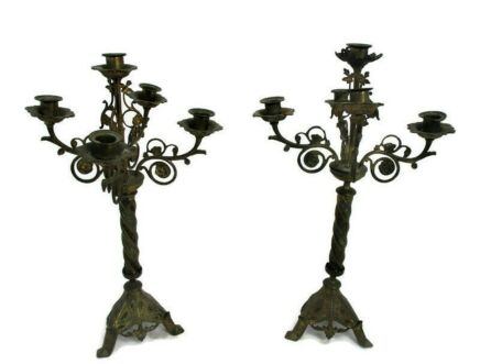 Couple Candle Holders Brass Leafs Ornate Hollywood regency Style Stylish Candelabra 5 arm