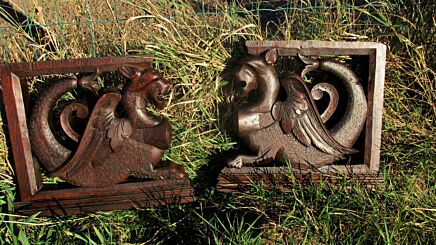 French Pair Carved Wood Chimaera Dragons Gothic Heraldic Cabinet Parts