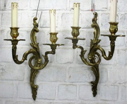 Pair Couple of antique Two-Arm Wall Sconces Ornate Brass Bauhaus Art Deco