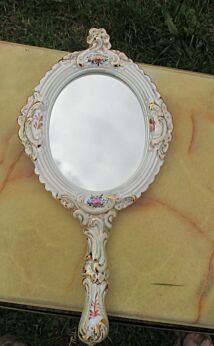 Vintage Italian Bassano Hand Mirror Ceramics Ornate Flowers white Romantic NOS