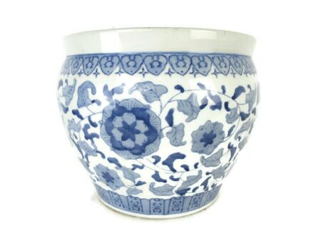 Large Chinese Porcelain Fish Koi Bowl Cachepot Jardiniere Planter Blue White Beautiful