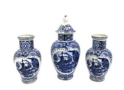 Set of 3 T. Delft Blue Pottery Garniture Set 2 Trumpet Vases Matching Covered Urn Blue White Windmills