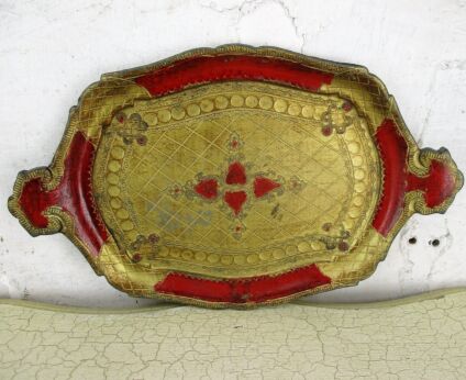 Mid Century Hollywood Regency Florentine Serving Tray Red Gold Resin Handles
