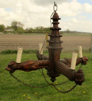 Antique Hand Carved Wooden Figural Mythical Gothic Chandelier Dragons Witches