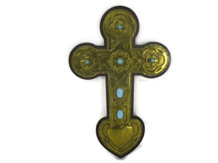 Hammered Brass on Wood Hanging Crucifix Cross Jesus Christ Blue stones signed V. Guerry 1932 Lovely