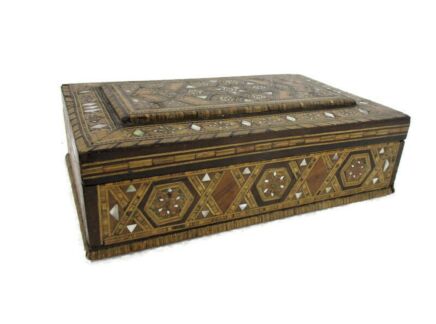 Jewelry Trinket Tobacco Box Ornate Beautiful Wood Mother of Pearl Inlay  