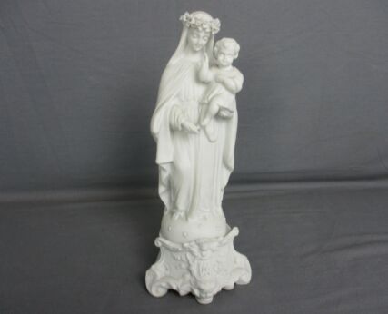 French Antique 1900 Bisque Statue Virgin Mary Madonna Flower Wreath Angels WOW