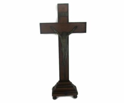 Large Standing Altar Church Chapel Crucifix Jesus Christ Cross Bronze  Corpus Hand Carved Wood Antique