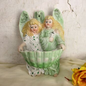 Large French Holy Water Font Vessel Angels Bisque Porcelain Pastel 7.08" HTF