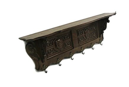Vintage Hand Carved Wood Wall Shelf Coat Kitchen Rack Breughel Figurines Heads