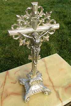 Antique Ornamental Silver Gold Metal Jesus Christ Cross Crucifix Catholic Flower