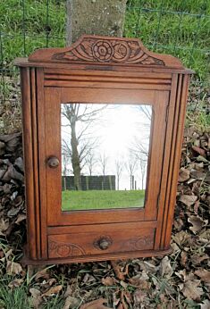 Vintage Carved Wood Medicine Wall Cabinet Glass mirror Drawer Pediment Flowers