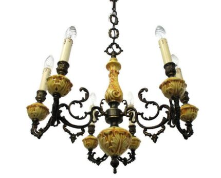Vintage Chandelier 6 arm Lights Ornate Brass Yellow Porcelain Sconces Beautiful