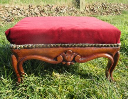 Vintage Antique Footstool Ottoman Carved Wood Red Velvet Hobnails