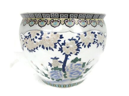 Huge Vintage Chinese Porcelain Enamel Famille Rose Koi Fish Bowl Planter Vase  Cachepot Flowers Tree Enamel  Stunning