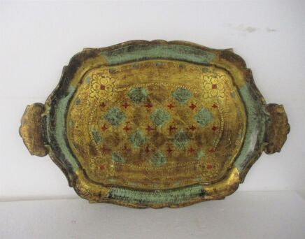 Mid Century Hollywood Regency Florentine Serving Tray Beautiful Mint Green Gold Wood