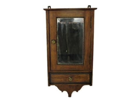 Vintage Kitchen Apothecary Medicine Bathroom Wall Cabinet Ornate Hand Carved Wood Beveled Glass Mirror Hobnails