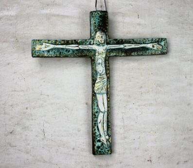 Large Mid Century Modern Ceramic Modernist Crucifix Green Era Perignem Amphora