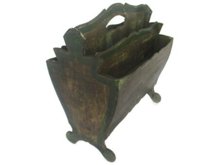 Florentine Wooden Magazine Newspaper Basket Hollywood regency  Green Gold