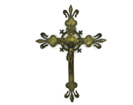 Ornate Hanging Wall Crucifix Heavy Brass Jesus Christ French Fleur de Lis gorgeous 21.06"