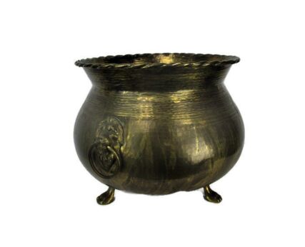 Large Planter Vintage Brass Kettle Decorative Lion Head Handles, Lion Feet