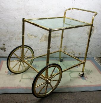 Bar Cart Trolley Cocktail Entertainment Hollywood Regency Green Colored Glass