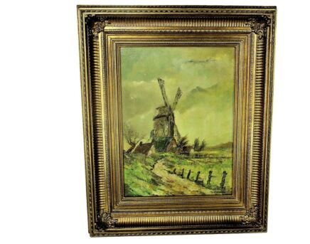 Small Lovely Oil Painting on Wood Framed Beautiful Landscape Windmill Signed