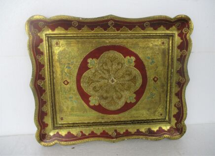 Large Mid Century Italy Hollywood Regency Florentine Serving Tray Red Pointillism Gold Wood Decoration Ornate