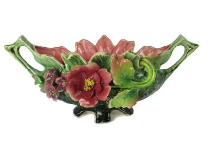 Antique French Barbotine Majolica Applied Roses Basket Centerpiece Planter Beautiful