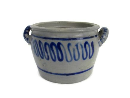 Antique French Stoneware Earthenware Crock Jar Lard Blue gray Barn Farm 6.69 "