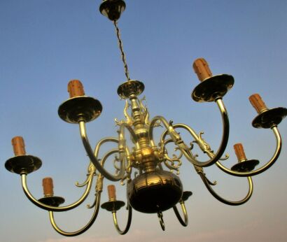 Large 8 Arm Flemish Dutch Chandelier Brass Fish Beautiful 