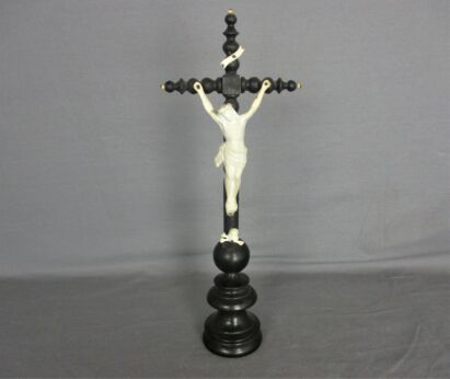 Antique Dark Carved wood Table Standing Crucifix Round Base  Bobbin  Porcelain Andenne Corpus