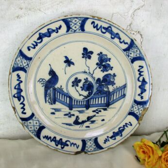 Antique 18th Century Large Delft Wall hanging Charger Plate Blue White Peacock
