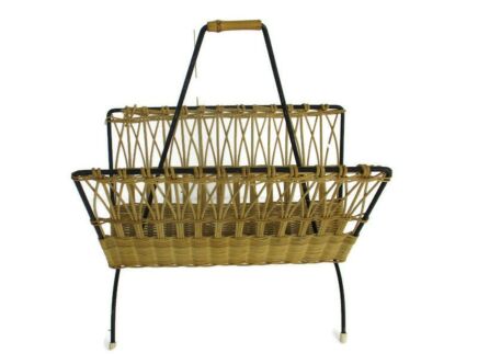 Vintage Rattan Wicker Magazine Newspaper Basket Rack Hobo Chick Barn Country