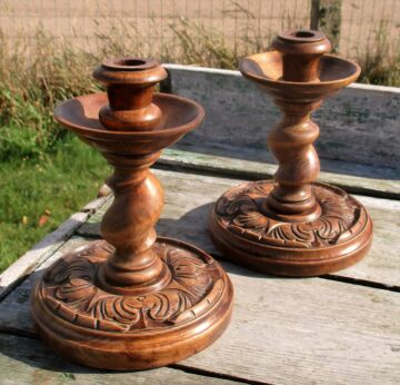 Couple barley Twist Hand Carved Ornate Wood Candle holders Candlesticks
