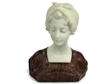 Bust Marble Alabaster Young Woman Victorian Antique Art Deco Signed Two Toned