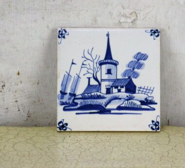 Vintage Blue White Wall Decorative Tile Delft Style Sailing boats Church