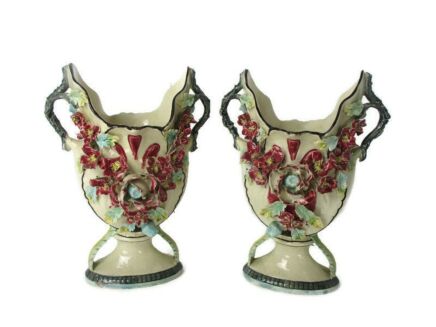 Set of 2 Pair French Barbotine Majolica Vases Planters Centerpiece Gorgeous Flowers Cache pots
