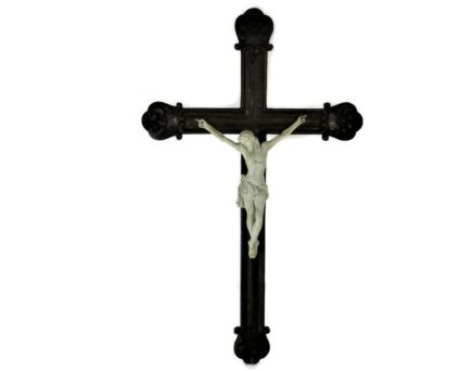 XL Hand Carved Wood Hanging Ornate Church Chapel Crucifix Flowers Oak Stunning Porcelain d'Ardennes Corpus WOW 31.88"