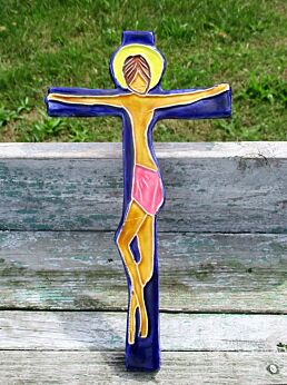 Mid Century Design Ceramic Modernist Crucifix Blue Collector Lovely 8.94"