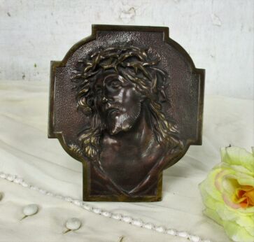 Brass Copper Standing Plaque Religious Jesus Christ Crown of Thorns Bas Relief