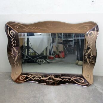 Large Venetian Mirror Ornate Etched Cut to Clear Glass Pink Clear Art Nouveau